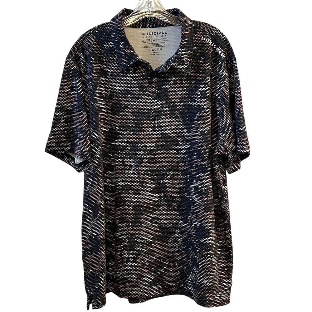 Municipal Men's XL Black Orange‎ Geometric Camo Polo Shirt Short Sleeve Casual